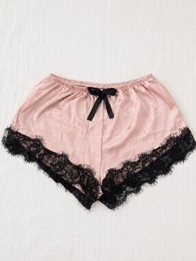 Pink Lace-Trim Sleep Shorts with Black Bow Size S